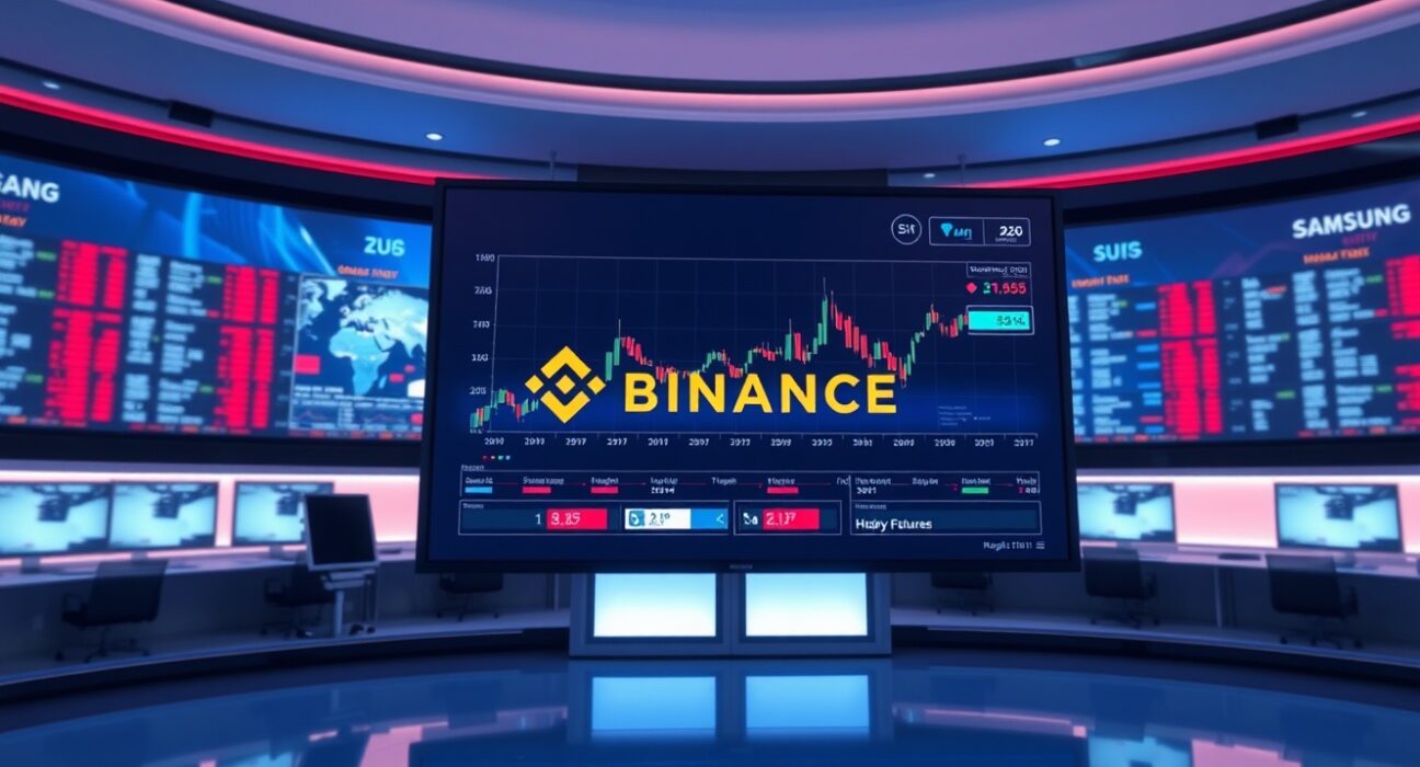 Binance trading interface showing perpetual futures charts for Samsung Electronics and SK Hynix in a professional news studio setting.
