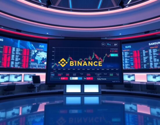 Binance trading interface showing perpetual futures charts for Samsung Electronics and SK Hynix in a professional news studio setting.