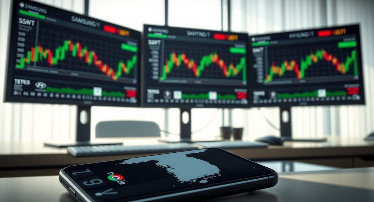 Trading desk with monitors showing Binance perpetual futures charts for Samsung, SK Hynix, and Hyundai, with a smartphone indicating South Korea service restriction.