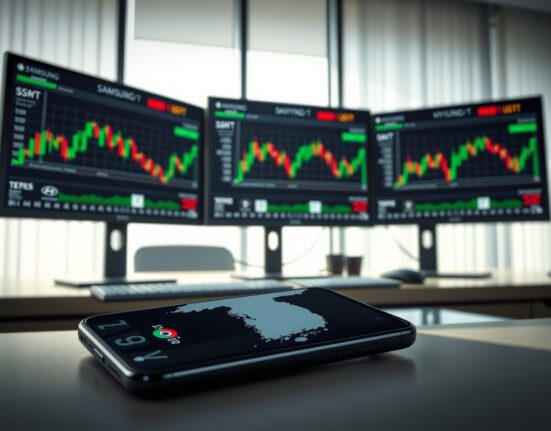 Trading desk with monitors showing Binance perpetual futures charts for Samsung, SK Hynix, and Hyundai, with a smartphone indicating South Korea service restriction.