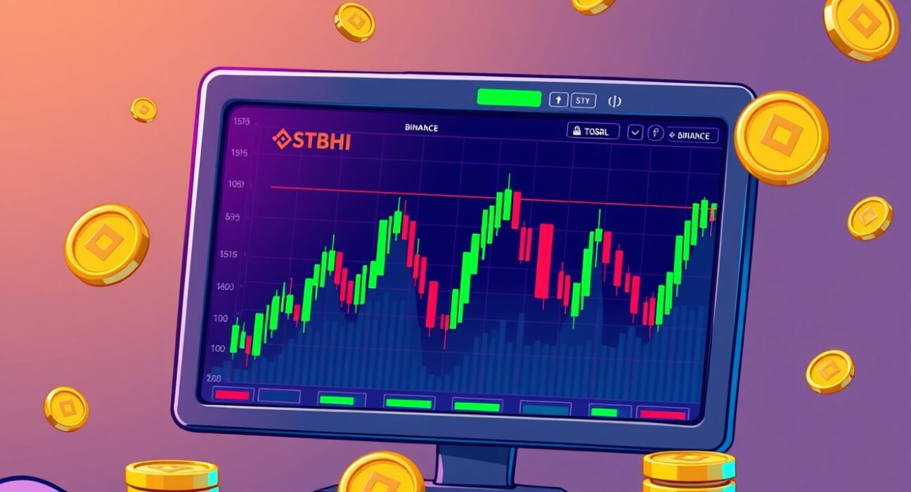 A digital chart showing upward trends for TOSHI and STBL, symbolizing new Binance perpetual futures trading opportunities.