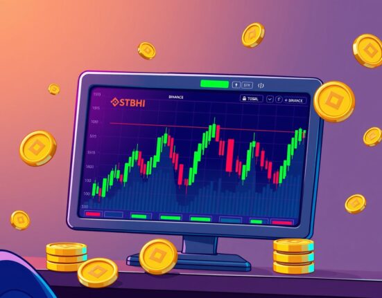 A digital chart showing upward trends for TOSHI and STBL, symbolizing new Binance perpetual futures trading opportunities.