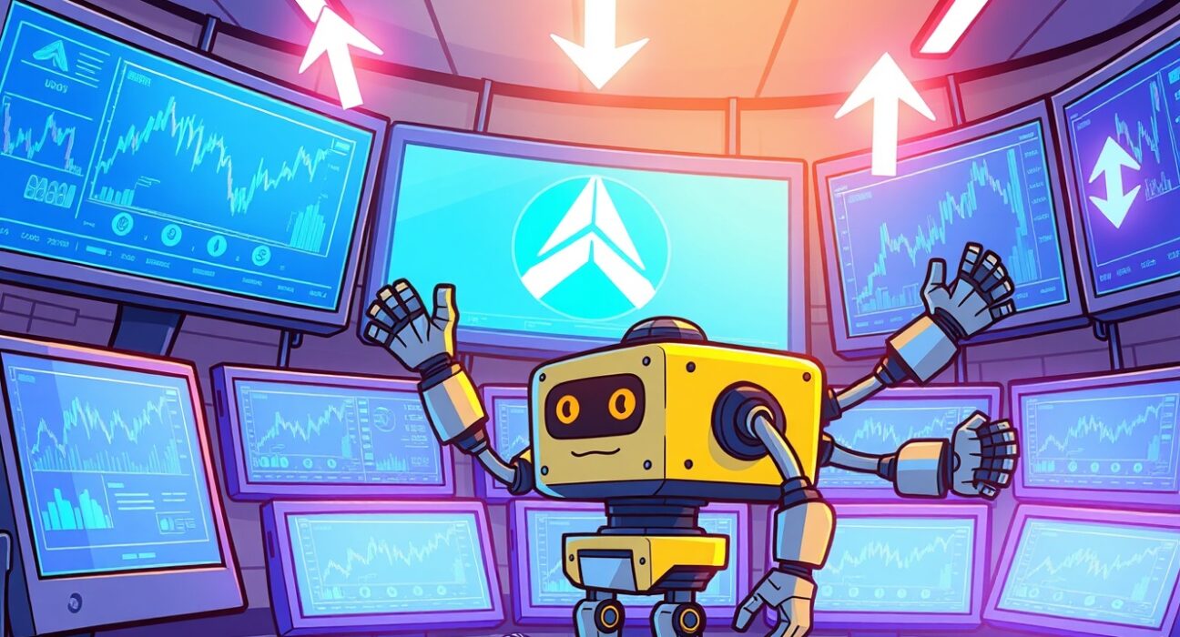 A vibrant cartoon of a robot trading Binance perpetual futures on multiple screens.