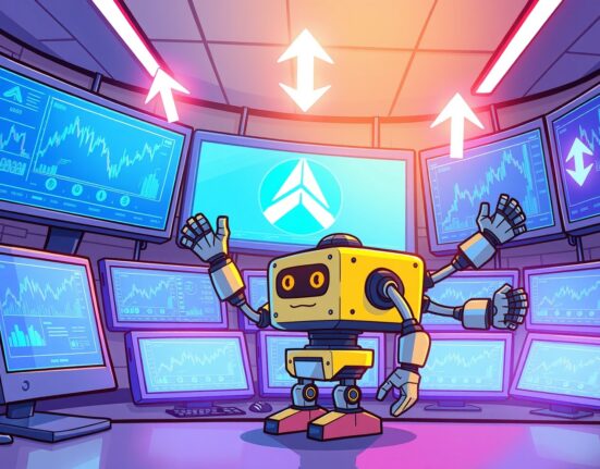 A vibrant cartoon of a robot trading Binance perpetual futures on multiple screens.