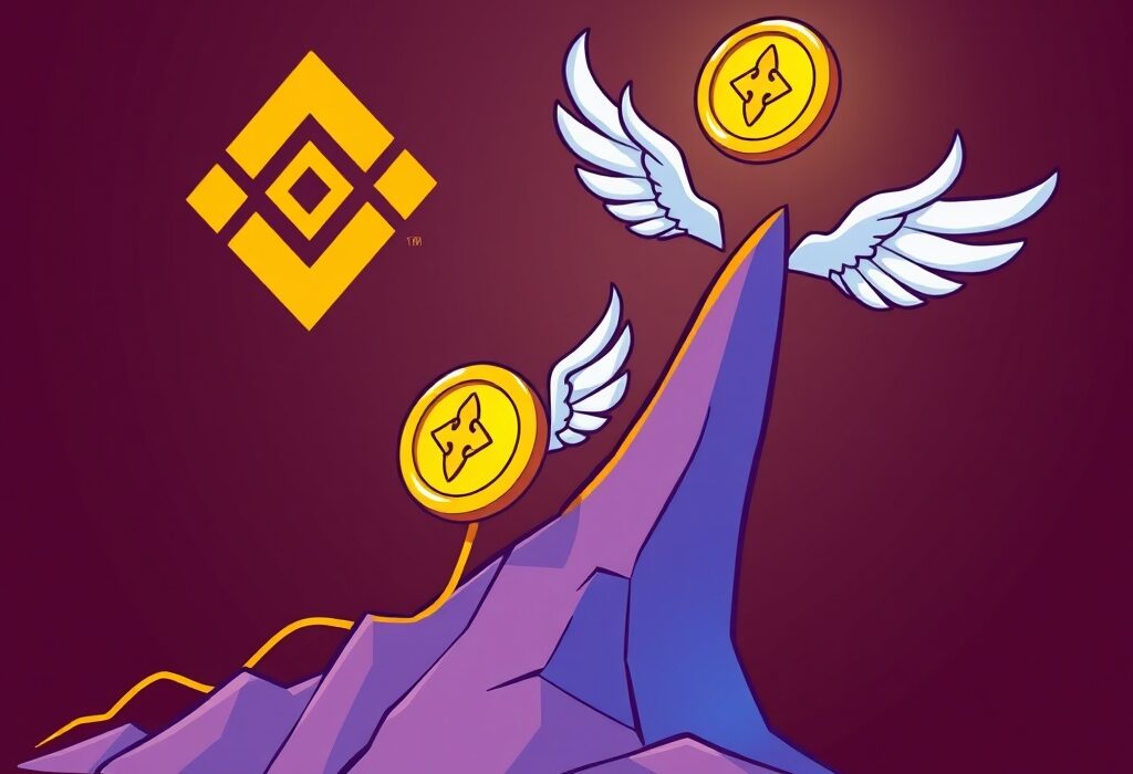 Cartoon illustration showing YALA CARV perpetuals tokens flying high, representing new crypto listings and growth on Binance.