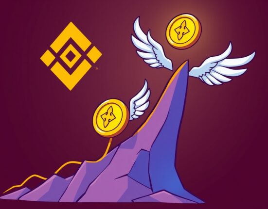 Cartoon illustration showing YALA CARV perpetuals tokens flying high, representing new crypto listings and growth on Binance.