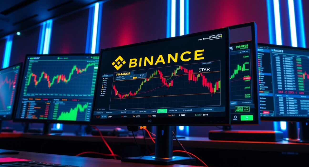 Binance perpetual futures trading interface showing PHAROS and STAR tickers on multiple monitors in a professional trading desk setting.