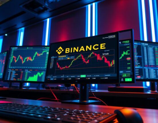 Binance perpetual futures trading interface showing PHAROS and STAR tickers on multiple monitors in a professional trading desk setting.