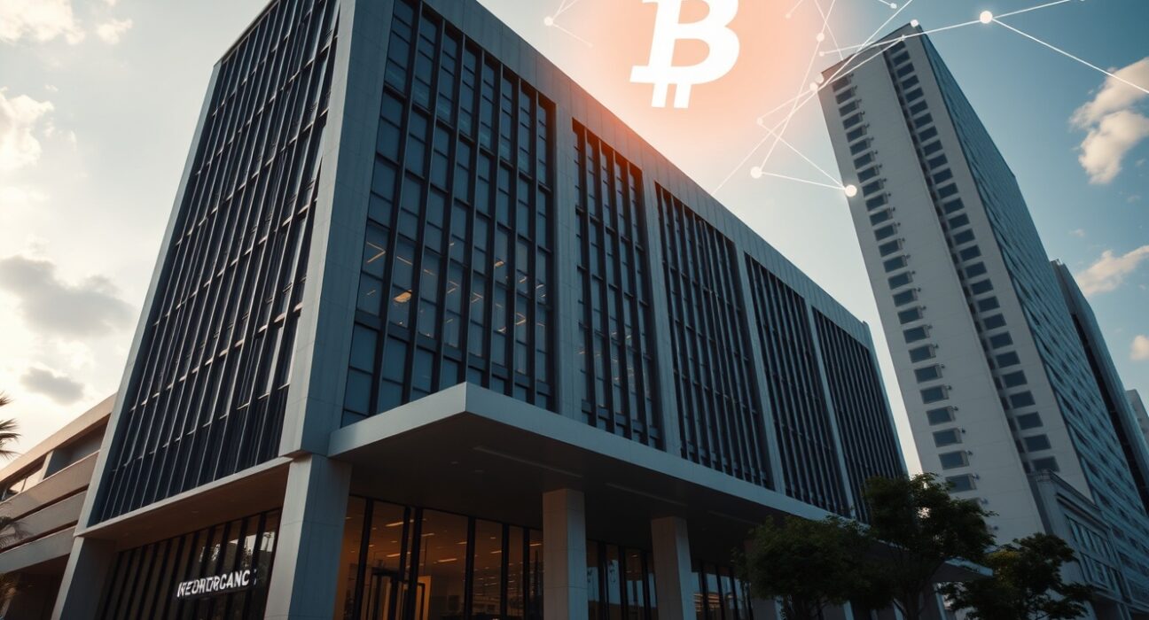 Manila office building with digital blockchain overlay representing Binance's planned re-entry into the Philippine market