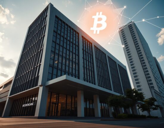 Manila office building with digital blockchain overlay representing Binance's planned re-entry into the Philippine market