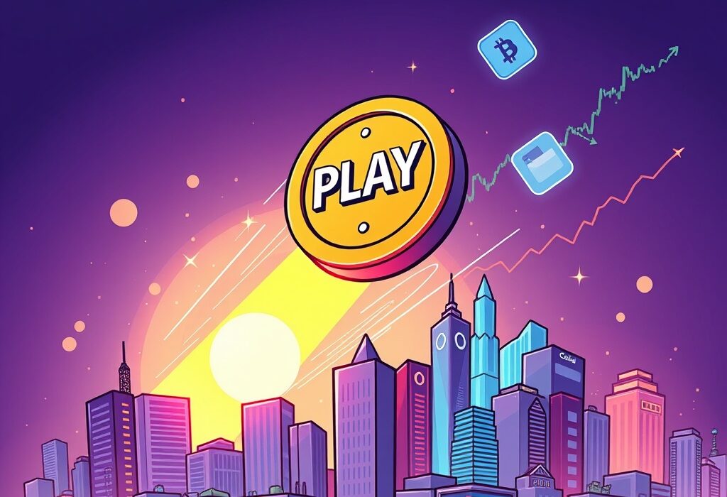A 'PLAY' crypto coin taking off, symbolizing the exciting Binance PLAY listing and new trading opportunities.