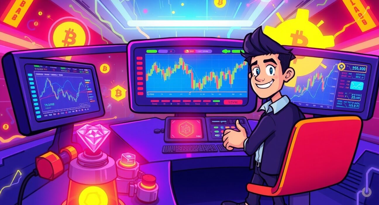 Cartoon illustration of trading Binance POWER/USDT perpetual futures on a vibrant digital terminal.