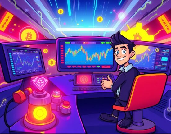 Cartoon illustration of trading Binance POWER/USDT perpetual futures on a vibrant digital terminal.