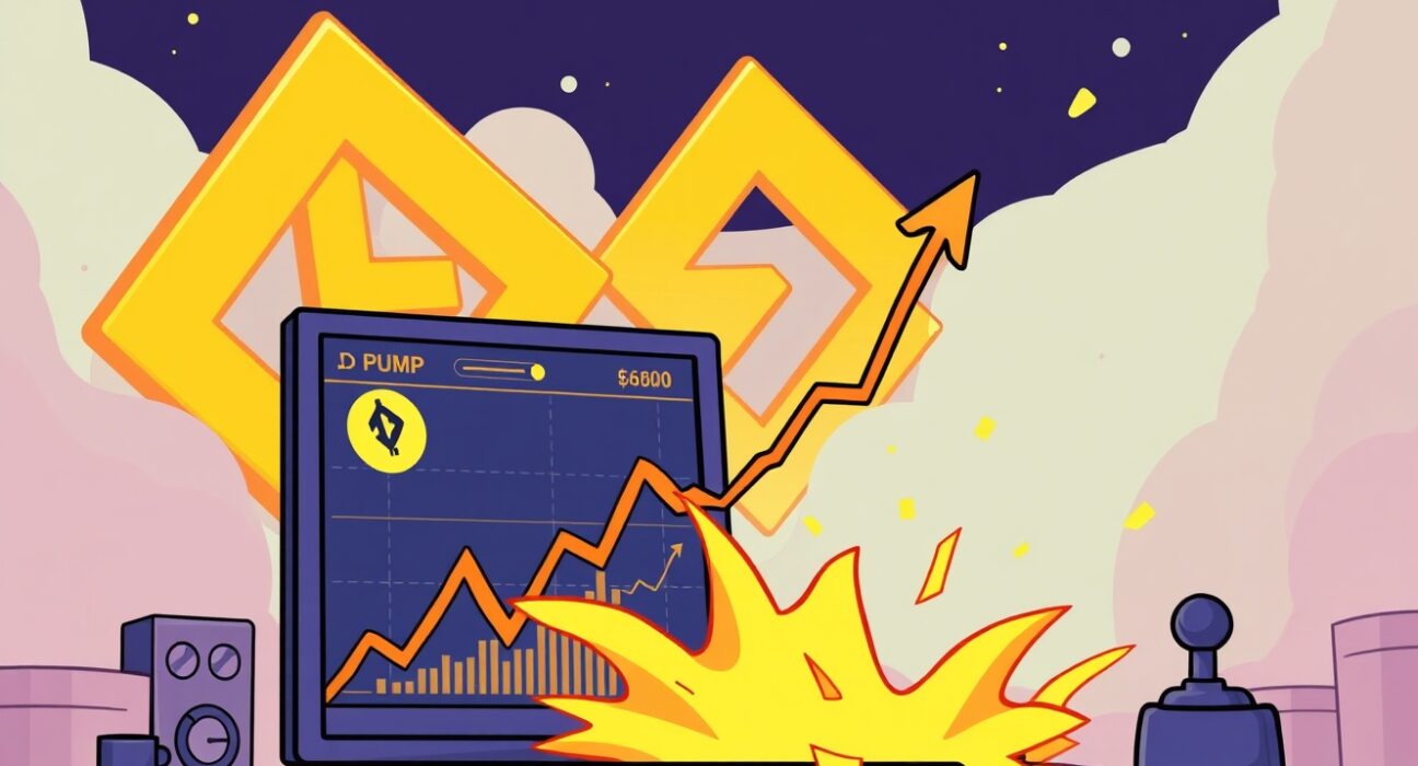 A cartoon illustration showing the dynamic nature of a new PUMP token listing on Binance, highlighting both opportunity and risk.