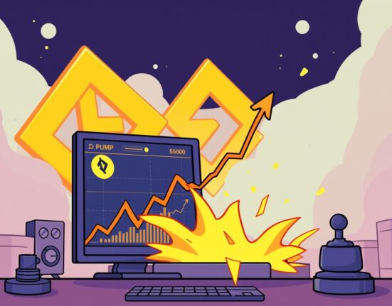 A cartoon illustration showing the dynamic nature of a new PUMP token listing on Binance, highlighting both opportunity and risk.