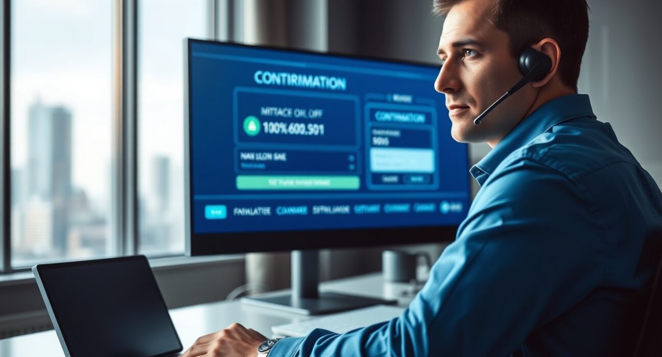 Professional customer support agent at desk monitoring blockchain transaction on screen