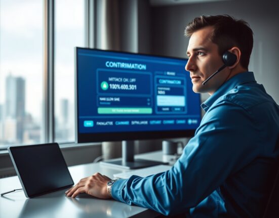 Professional customer support agent at desk monitoring blockchain transaction on screen