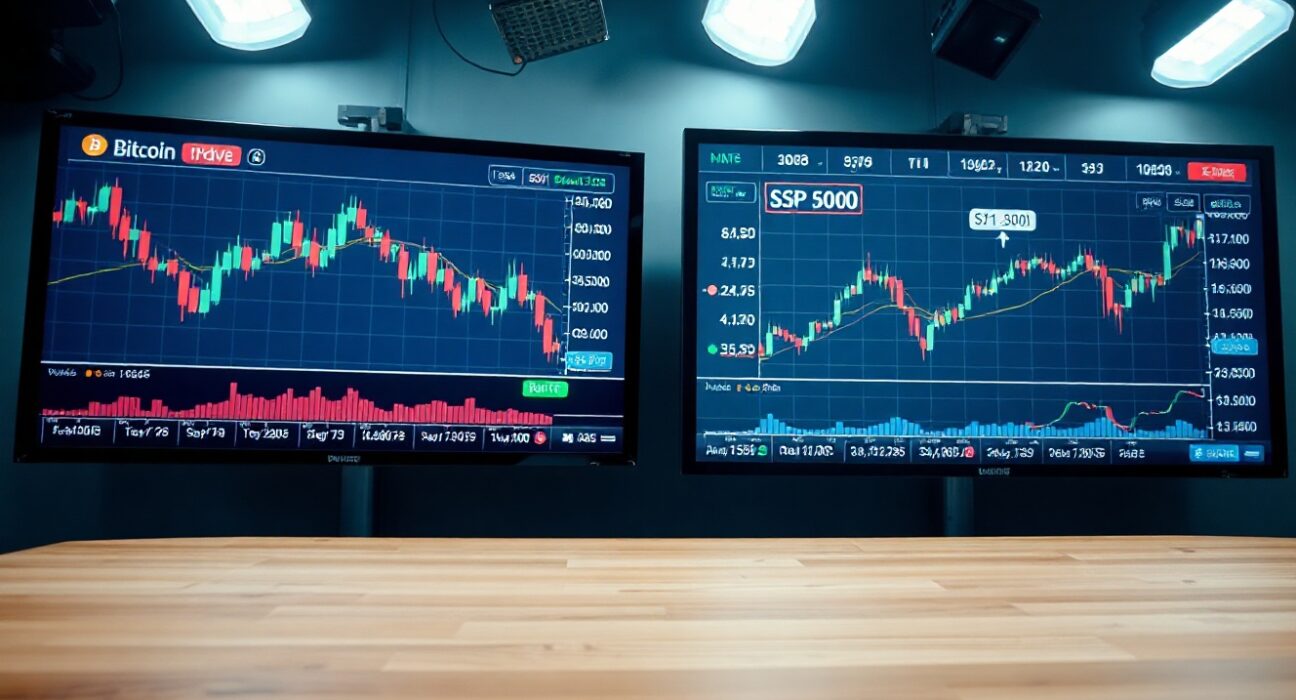 Two digital screens in a newsroom showing Bitcoin price chart with downward trend and S&P 500 index with rising concentration data