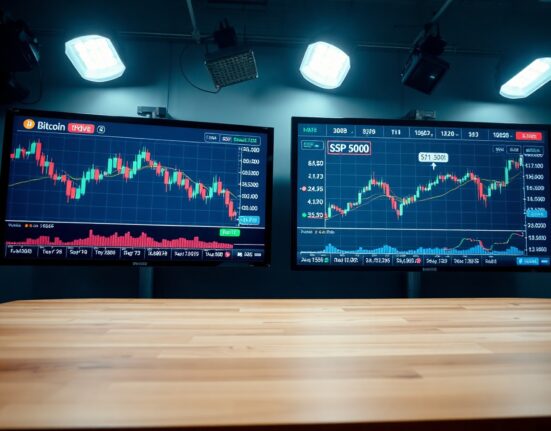 Two digital screens in a newsroom showing Bitcoin price chart with downward trend and S&P 500 index with rising concentration data