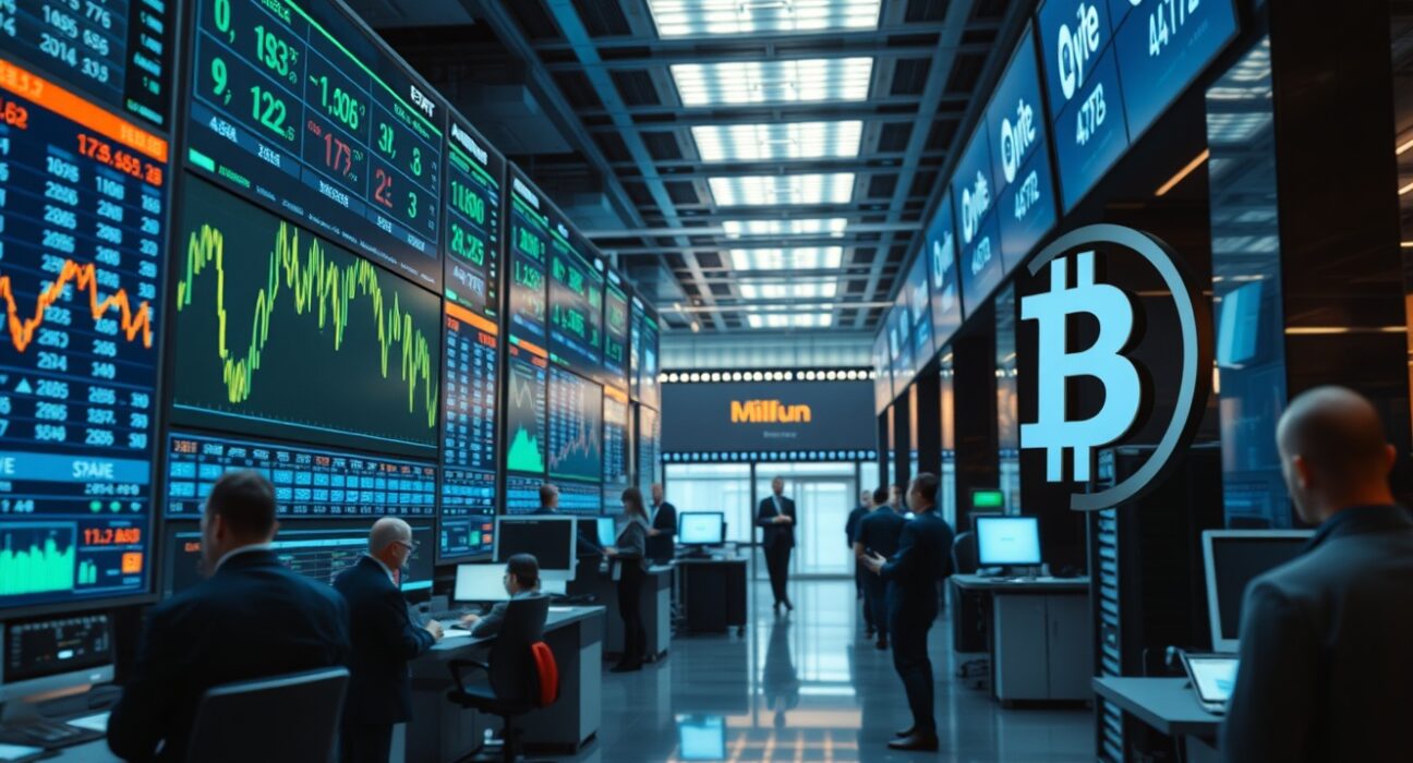 Digital trading screens displaying stock charts and cryptocurrency symbols on a modern financial trading floor