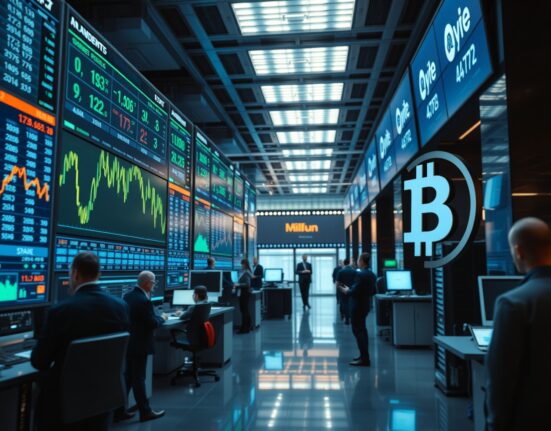 Digital trading screens displaying stock charts and cryptocurrency symbols on a modern financial trading floor