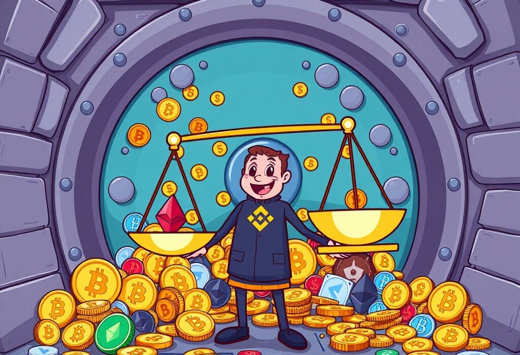 A cartoon illustrating Binance's strong Binance reserve ratio, showing secure crypto assets ensuring user trust and financial stability.