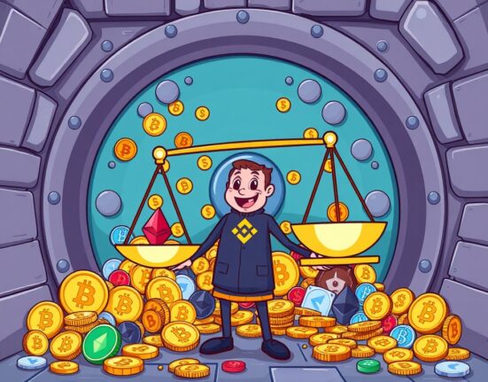 A cartoon illustrating Binance's strong Binance reserve ratio, showing secure crypto assets ensuring user trust and financial stability.