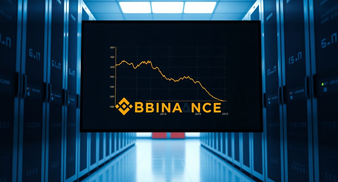 A digital screen showing a downward-trending chart in a modern data center, representing a decline in Binance exchange reserves.