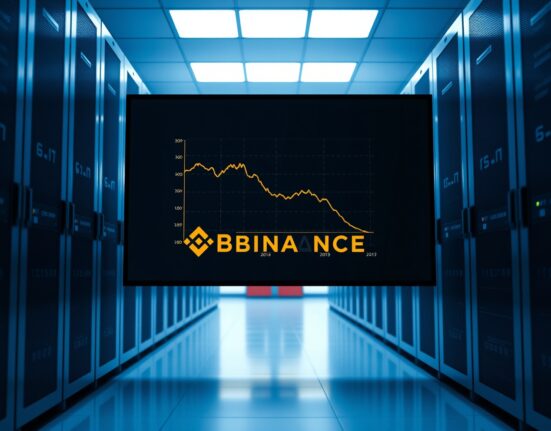 A digital screen showing a downward-trending chart in a modern data center, representing a decline in Binance exchange reserves.