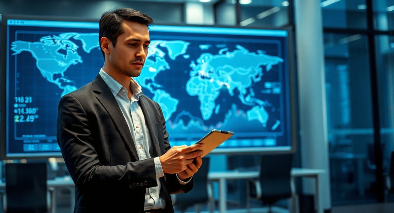 Financial analyst reviewing cryptocurrency transaction data on a tablet in a modern office, representing Binance's compliance measures.