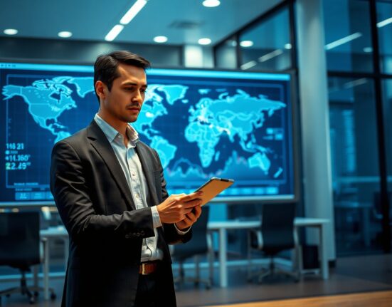 Financial analyst reviewing cryptocurrency transaction data on a tablet in a modern office, representing Binance's compliance measures.