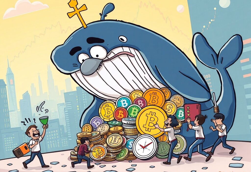 A cartoon illustration showing a large whale accumulating crypto, contrasting with smaller figures selling, symbolizing Binance retail flow and market trends.