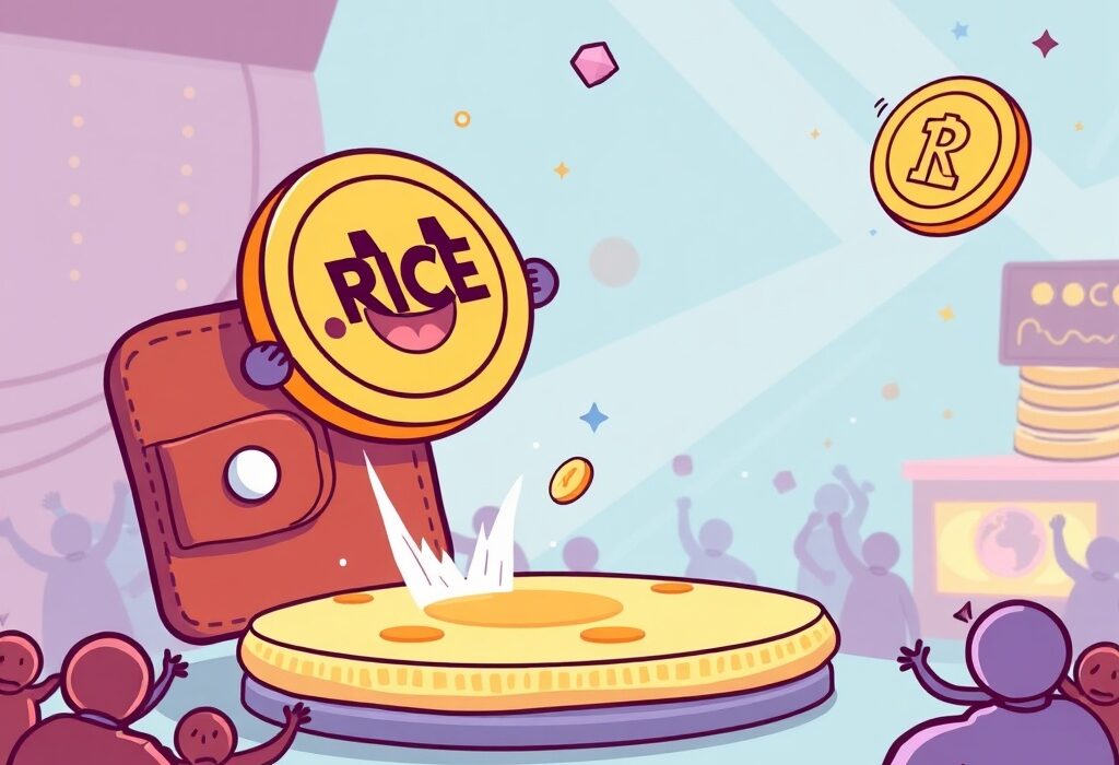 Cartoon illustration of a RiceAI (RICE) token launching from a Binance Wallet, symbolizing the upcoming Binance RICE TGE on PancakeSwap.