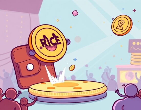 Cartoon illustration of a RiceAI (RICE) token launching from a Binance Wallet, symbolizing the upcoming Binance RICE TGE on PancakeSwap.