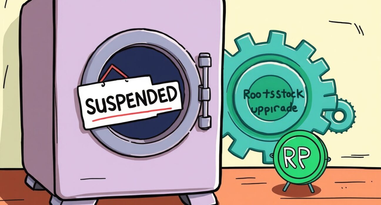Cartoon illustration showing a temporary Binance RIF suspension for a Rootstock network upgrade.