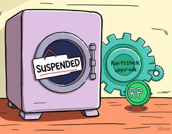 Cartoon illustration showing a temporary Binance RIF suspension for a Rootstock network upgrade.