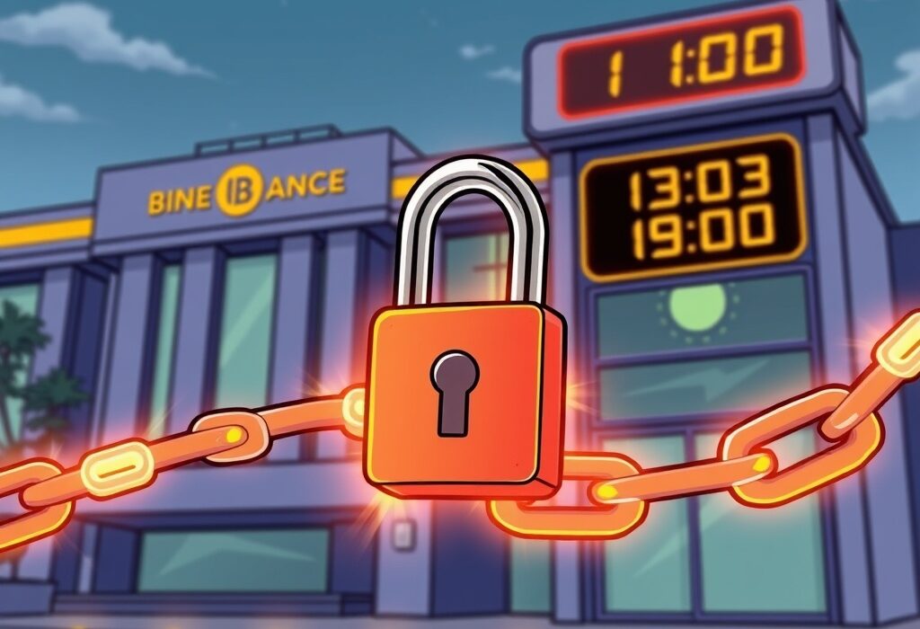 Cartoon illustration showing a temporary Binance RUNE suspension due to a network upgrade, with a padlock on a digital chain.