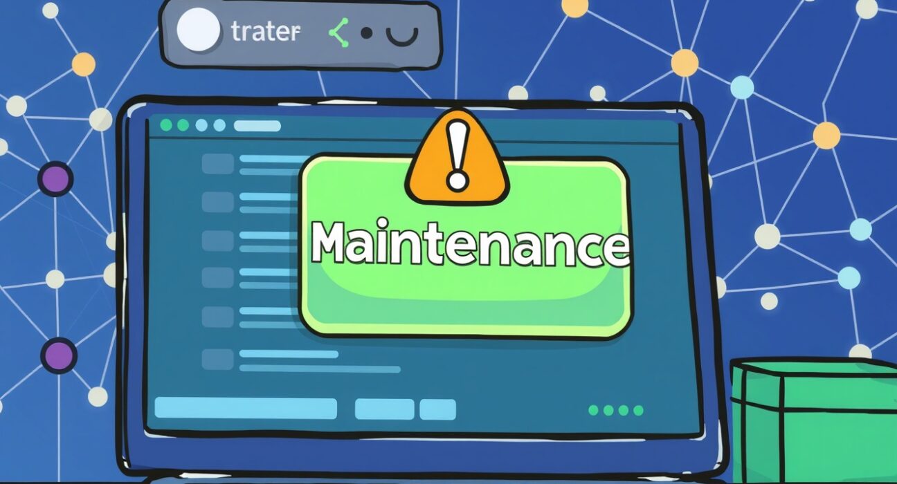 A cartoon illustration of a crypto exchange under maintenance, signifying a crucial RUNE network upgrade.