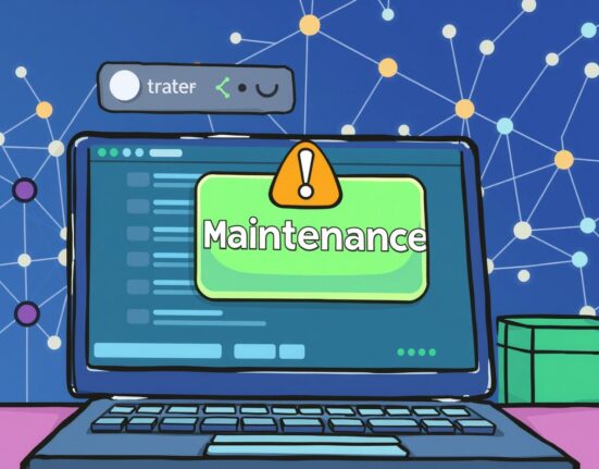 A cartoon illustration of a crypto exchange under maintenance, signifying a crucial RUNE network upgrade.