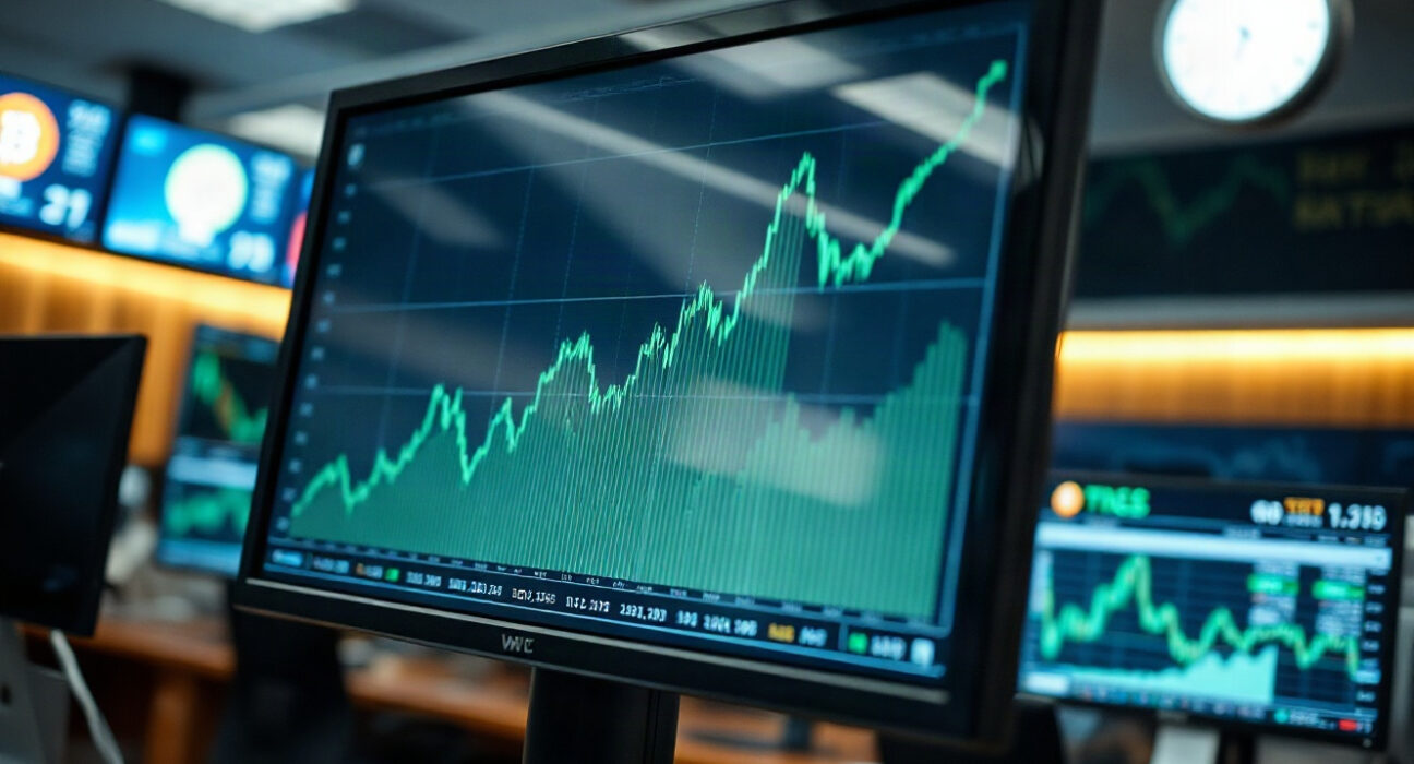 Bitcoin price chart on a monitor showing upward trend in a trading environment