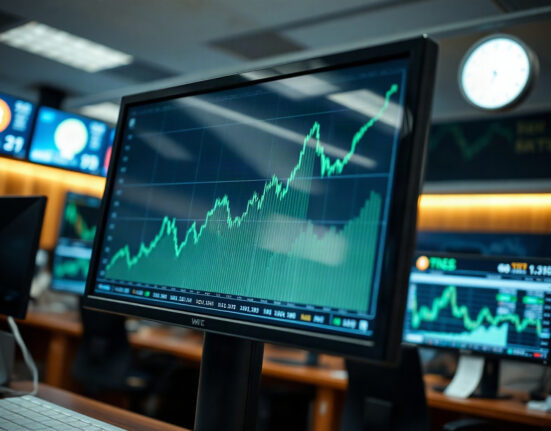 Bitcoin price chart on a monitor showing upward trend in a trading environment