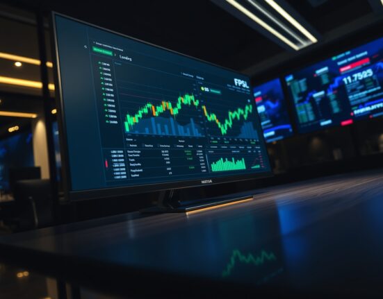 Binance securities lending service launch interface on a monitor in a professional trading office
