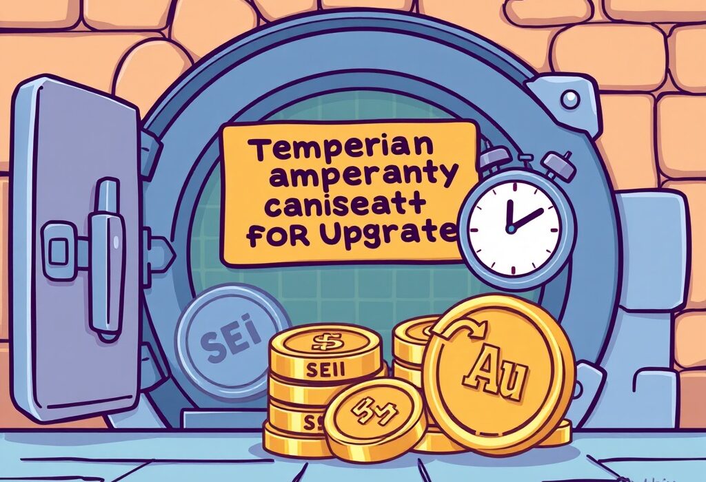 A cartoon illustration showing the temporary Binance SEI suspension for an important network upgrade, emphasizing preparedness for users.