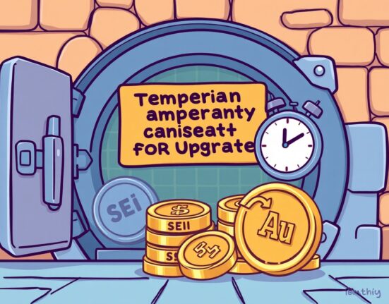 A cartoon illustration showing the temporary Binance SEI suspension for an important network upgrade, emphasizing preparedness for users.