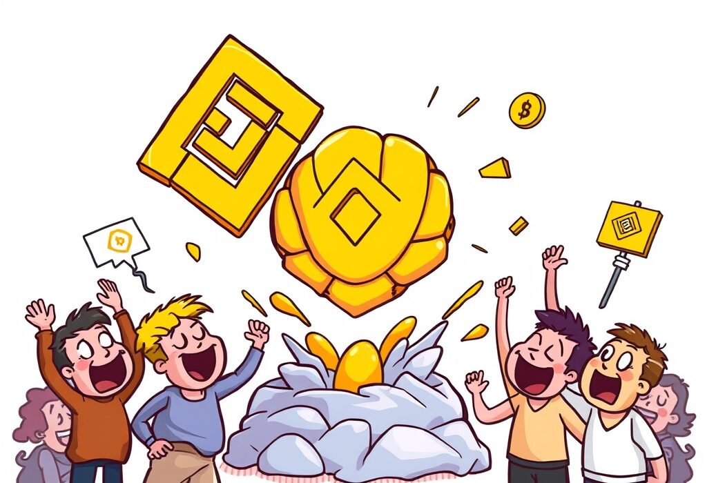 Cartoon illustration showing the excitement of the Binance SHELL airdrop, with tokens being distributed to users.