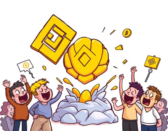 Cartoon illustration showing the excitement of the Binance SHELL airdrop, with tokens being distributed to users.