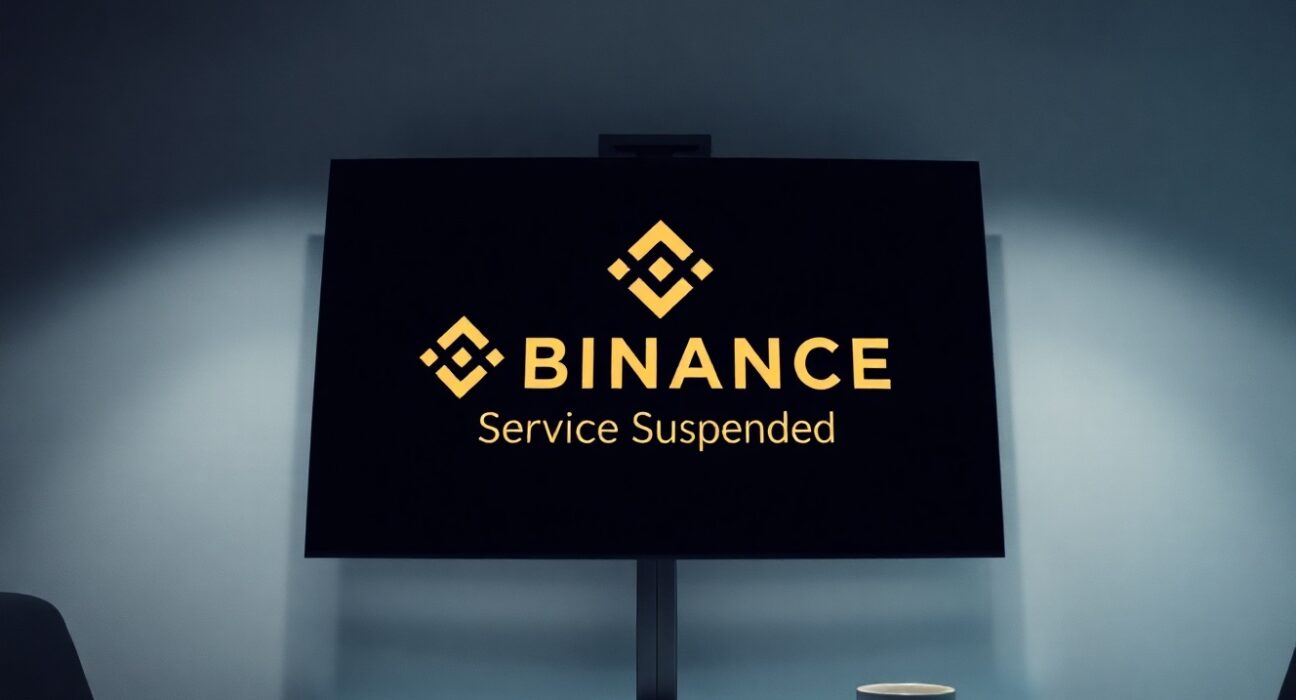 Digital screen showing Binance logo and NFT artwork with a service suspension notice in a modern office setting