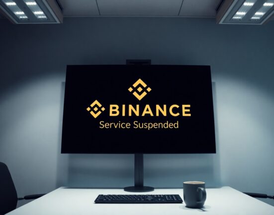 Digital screen showing Binance logo and NFT artwork with a service suspension notice in a modern office setting
