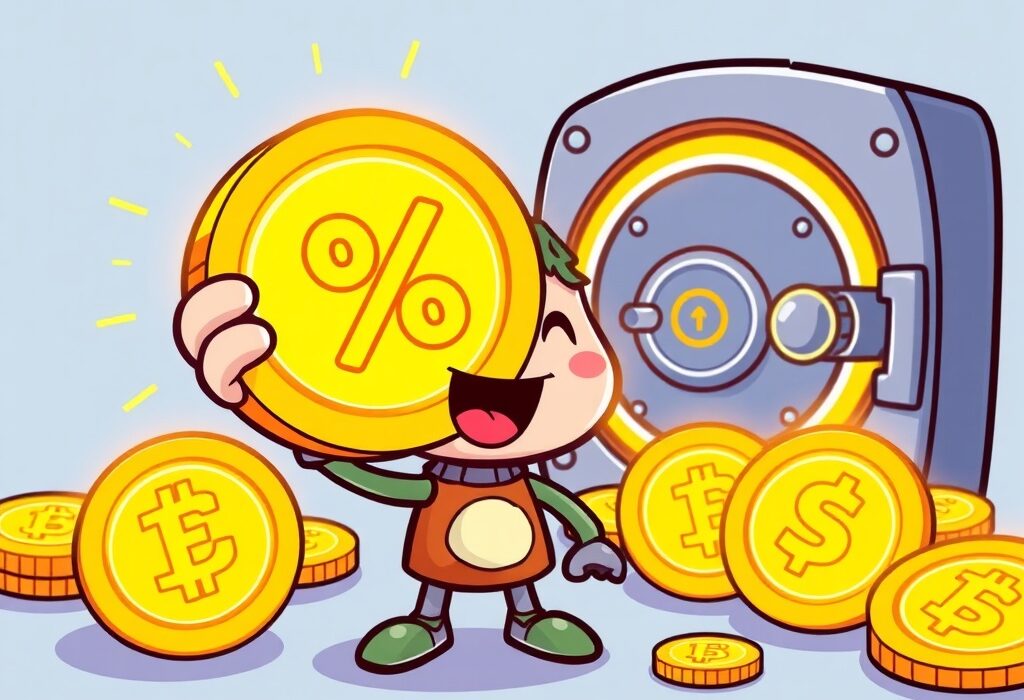 Cartoon showing a user happily earning high APR through Binance Simple Earn, symbolizing easy crypto rewards.