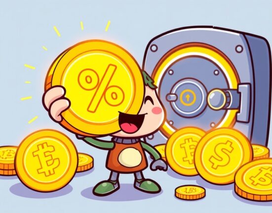 Cartoon showing a user happily earning high APR through Binance Simple Earn, symbolizing easy crypto rewards.